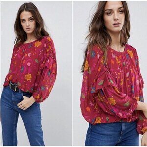 Free People Sz S Floral Print Mesh Blouse Top Ruched Balloon Sleeve Peasant Top
